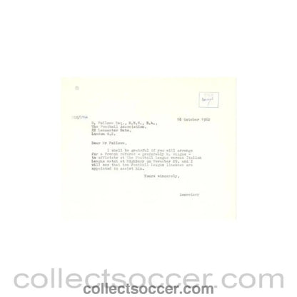 1962 - Letter of The Football League of 18/10/1962 to the F.A. D. Follows - Collect Soccer