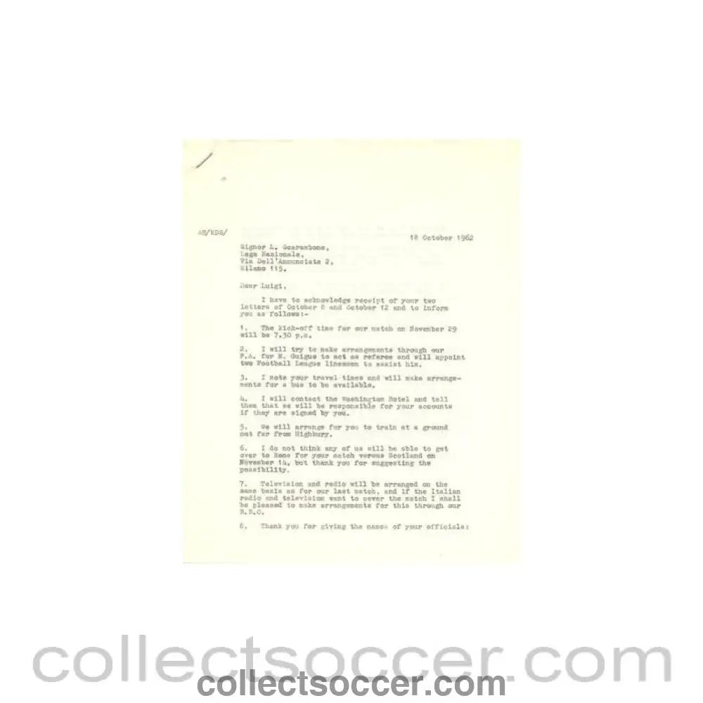 1962 - Letter of The Football League of 18/10/1962 to Signor L. Scarambone of The Italian League - Collect Soccer