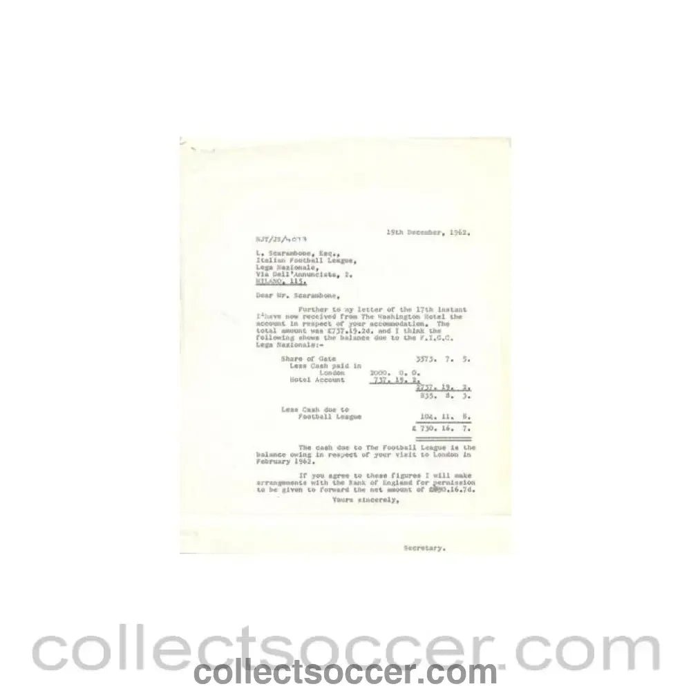 1962 - Letter of The Football League of 19/12/1962 - Collect Soccer