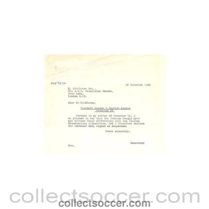 1962 - Letter of The Football League of 22/11/1962 to H. Middleton BBC TV Centre - Collect Soccer