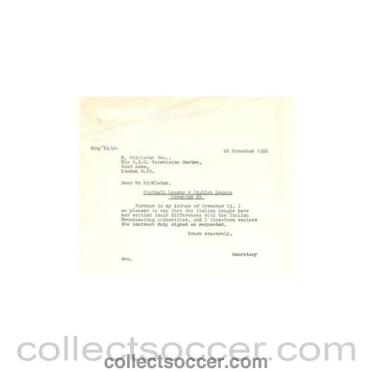 1962 - Letter of The Football League of 22/11/1962 to H. Middleton BBC TV Centre - Collect Soccer