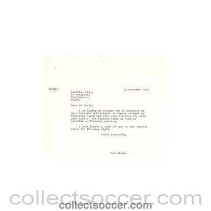 1962 - Letter of The Football League of 23/11/1962 to D. Lewis about the football match The Football League v The Italian Football League on 29/11/1962 - Collect Soccer