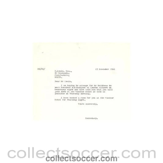 1962 - Letter of The Football League of 23/11/1962 to D. Lewis about the football match The Football League v The Italian Football League on 29/11/1962 - Collect Soccer