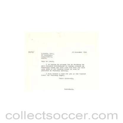 1962 - Letter of The Football League of 23/11/1962 to D. Lewis about the football match The Football League v The