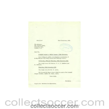 1962 - Letter of The Football League of 23/11/1962 to The Manager of The Windsor Hotel - Collect Soccer