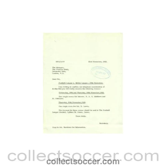 1962 - Letter of The Football League of 23/11/1962 to The Manager of The Windsor Hotel - Collect Soccer