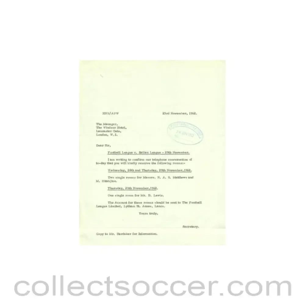 1962 - Letter of The Football League of 23/11/1962 to The Manager of The Windsor Hotel