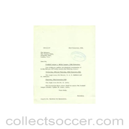 1962 - Letter of The Football League of 23/11/1962 to The Manager of The Windsor Hotel