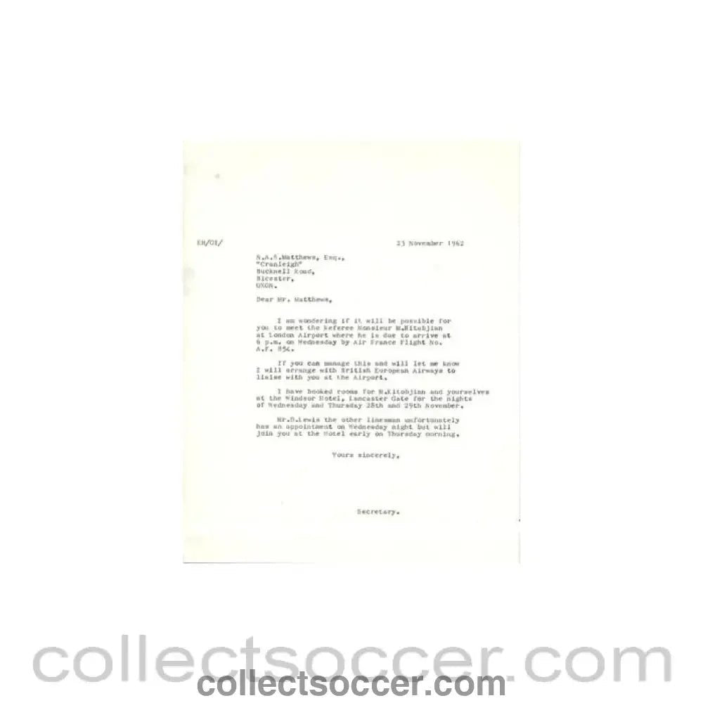 1962 - Letter of The Football League of 23/11/1962 to N.A.S. Matthews about the football match The Football League v The Italian Football League on 29/11/1962 - Collect Soccer