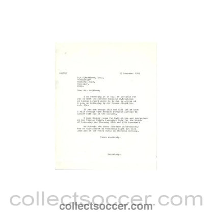 1962 - Letter of The Football League of 23/11/1962 to N.A.S. Matthews about the football match The Football League v The Italian Football League on 29/11/1962 - Collect Soccer