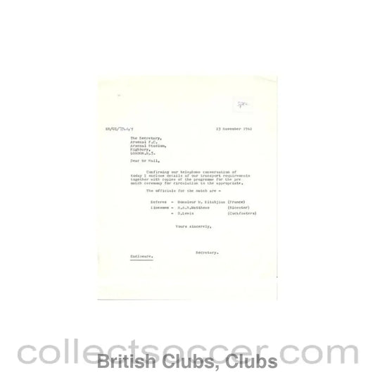 1962 - Letter of The Football League of 23/11/1962 to The Secretary of Arsenal FC