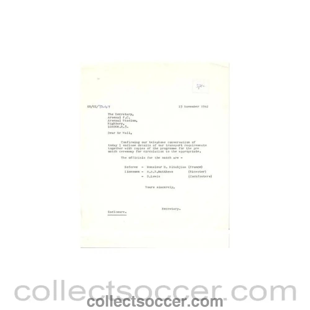 1962 - Letter of The Football League of 23/11/1962 to The Secretary of Arsenal FC - Collect Soccer