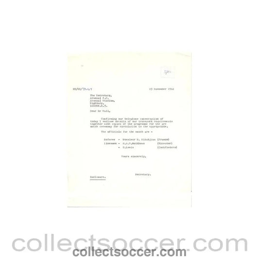 1962 - Letter of The Football League of 23/11/1962 to The Secretary of Arsenal FC - Collect Soccer