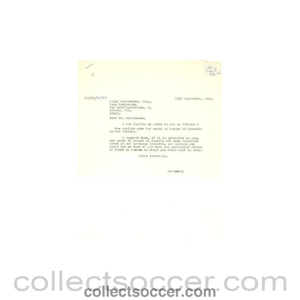 1962 - Letter of The Football League of 25/09/1962 to Luigi Scarambone of The Italian League - Collect Soccer