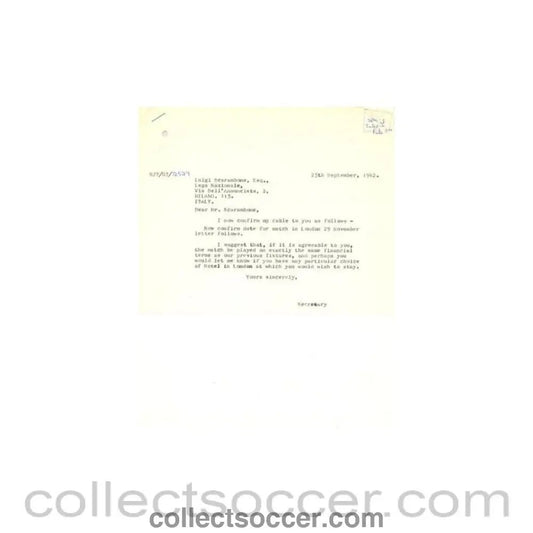 1962 - Letter of The Football League of 25/09/1962 to Luigi Scarambone of The Italian League - Collect Soccer