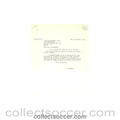 1962 - Letter of The Football League of 25/09/1962 to Luigi Scarambone of The Italian League - Collect Soccer