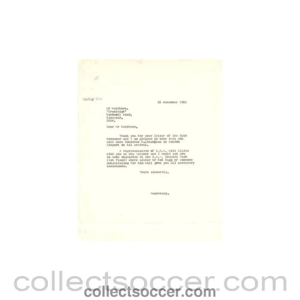 1962 - Letter of The Football League of 26/11/1962 to N.A.S. Matthews about the football match The Football League v The Italian Football League on 29/11/1962 - Collect Soccer