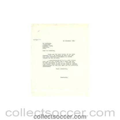 1962 - Letter of The Football League of 26/11/1962 to N.A.S. Matthews about the football match The Football League v The Italian Football League on 29/11/1962 - Collect Soccer