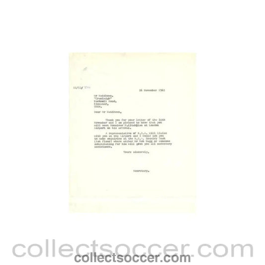 1962 - Letter of The Football League of 26/11/1962 to N.A.S. Matthews about the football match The Football League v The Italian Football League on 29/11/1962 - Collect Soccer
