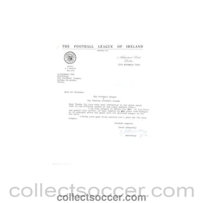 1962 - Letter of The Football League of Ireland of 13/11/1962, originally signed by the Secretary - Collect Soccer