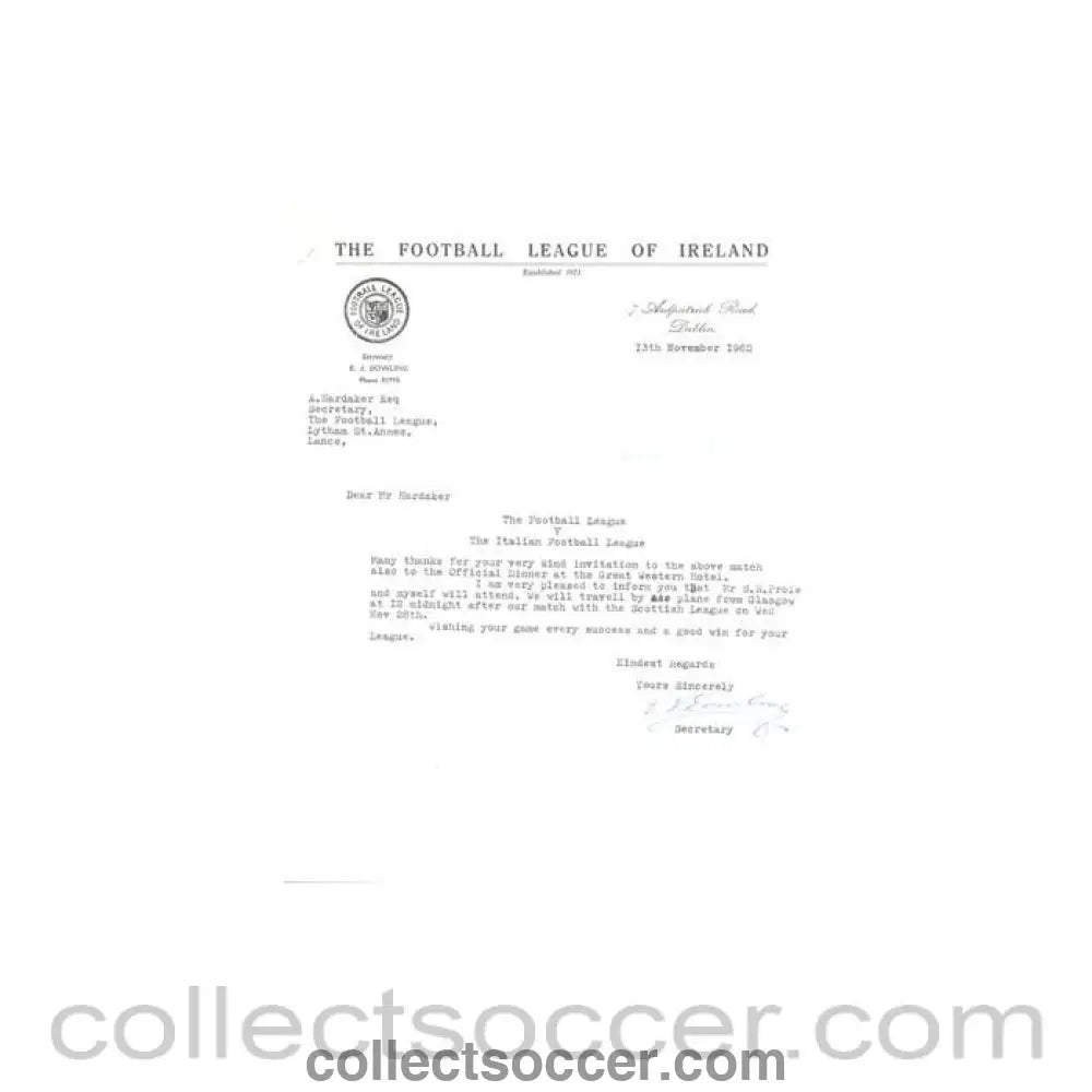 1962 - Letter of The Football League of Ireland of 13/11/1962, originally signed by the Secretary - Collect Soccer