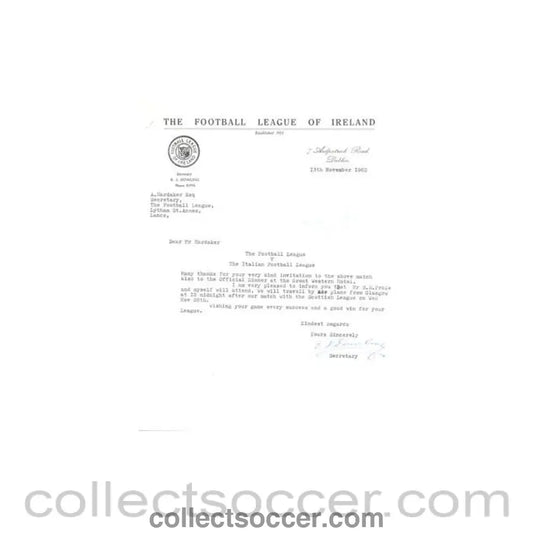 1962 - Letter of The Football League of Ireland of 13/11/1962, originally signed by the Secretary - Collect Soccer