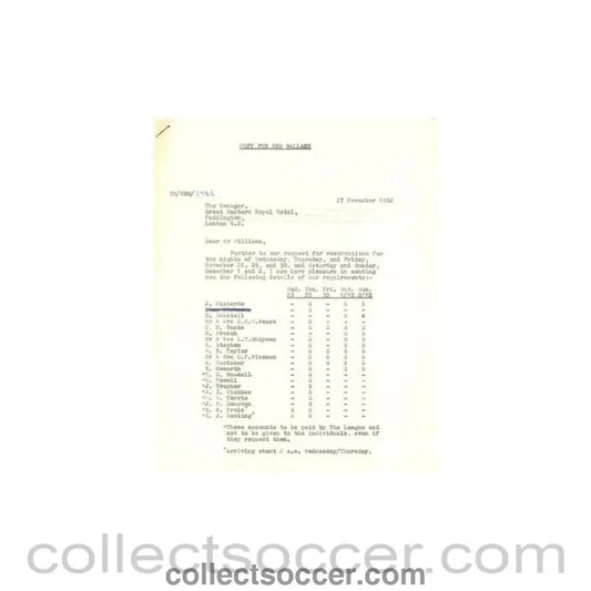 1962 - Letter of The Football League, originally signed by the Secretary of 27/11/1962 - Collect Soccer