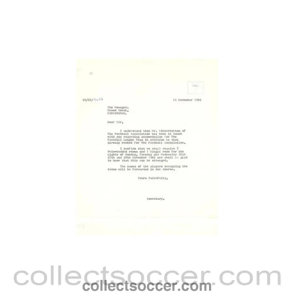 1962 - Letter of The Football League to the Manager of Grand Hotel Birmingham of 12/11/1962 - Collect Soccer