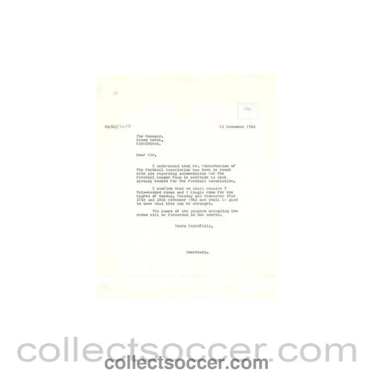 1962 - Letter of The Football League to the Manager of Grand Hotel Birmingham of 12/11/1962 - Collect Soccer