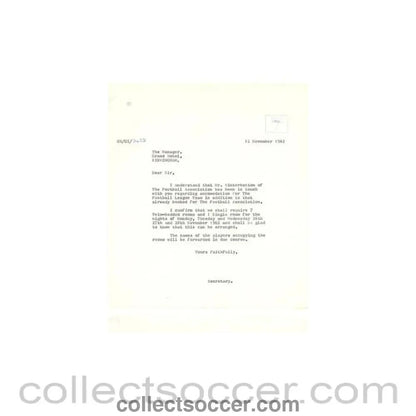 1962 - Letter of The Football League to the Manager of Grand Hotel Birmingham of 12/11/1962 - Collect Soccer