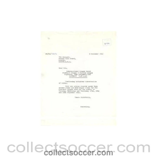 1962 - Letter of The Football League to the Manager of Hendon Hall Hotel of 05/11/1962 - Collect Soccer