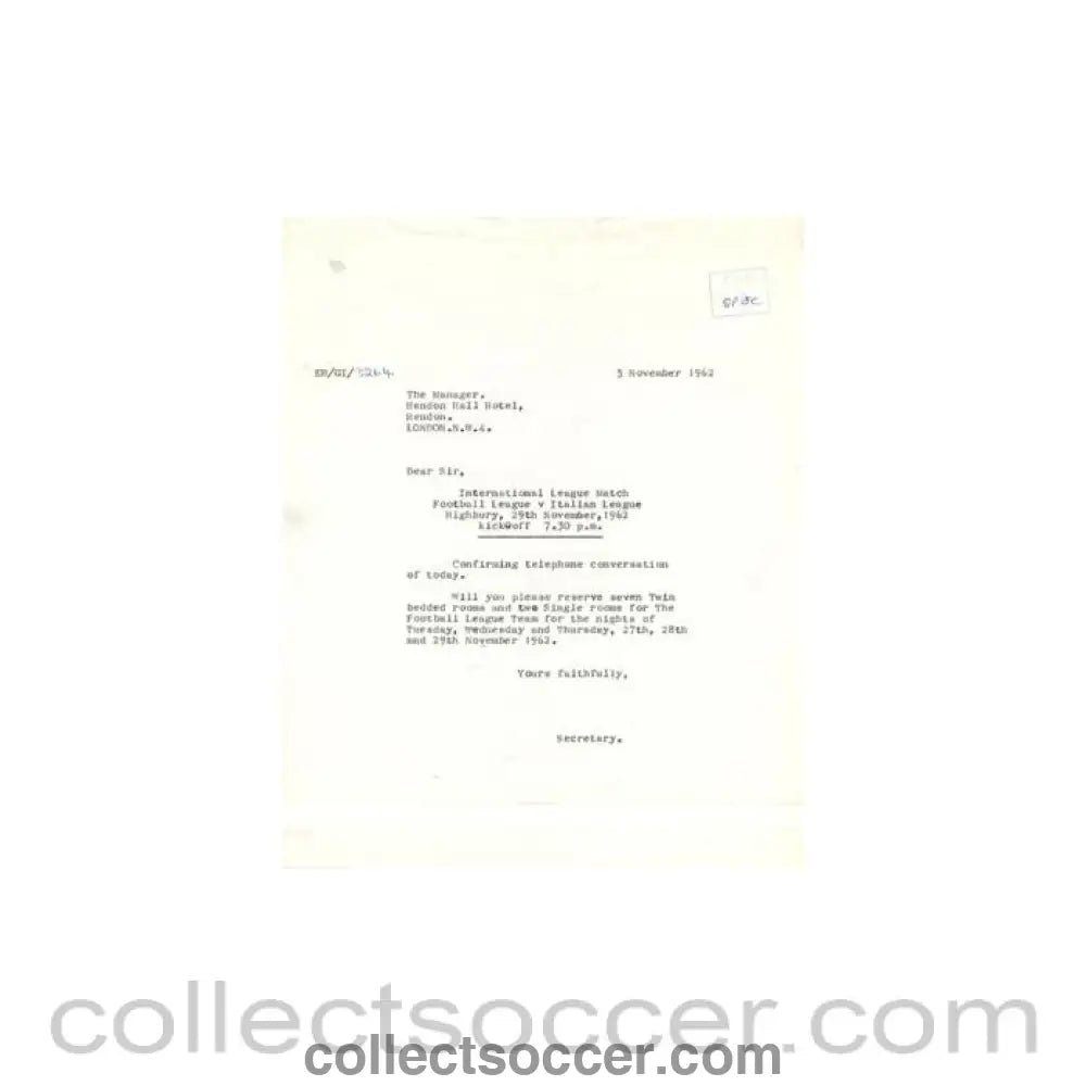 1962 - Letter of The Football League to the Manager of Hendon Hall Hotel of 05/11/1962 - Collect Soccer