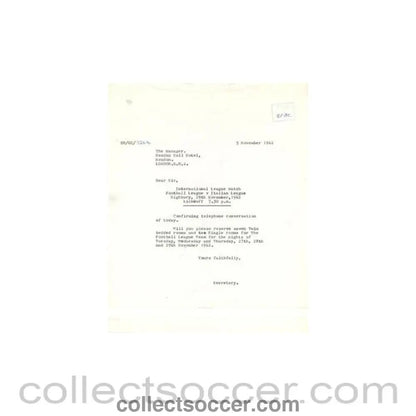 1962 - Letter of The Football League to the Manager of Hendon Hall Hotel of 05/11/1962 - Collect Soccer