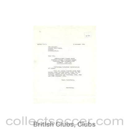 1962 - Letter of The Football League to the Manager of Hendon Hall Hotel of 05/11/1962
