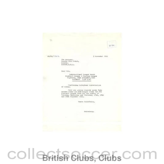 1962 - Letter of The Football League to the Manager of Hendon Hall Hotel of 05/11/1962