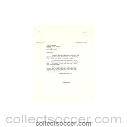 1962 - Letter of The Football League to the Manager of Hendon Hall Hotel of 12/11/1962 - Collect Soccer