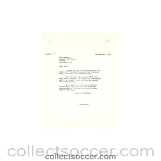 1962 - Letter of The Football League to the Manager of Hendon Hall Hotel of 12/11/1962