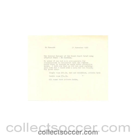 1962 - Letter of The Football League to the Manager of Mount Royal Hotel of 21/11/1962 - Collect Soccer