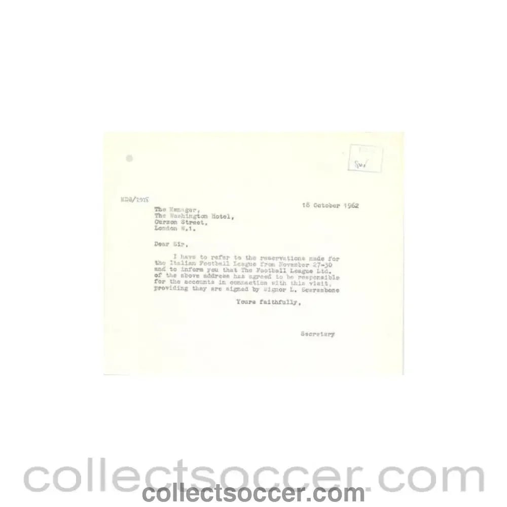1962 - Letter of The Football League to the Manager of Washington Hotel of 18/10/1962 - Collect Soccer
