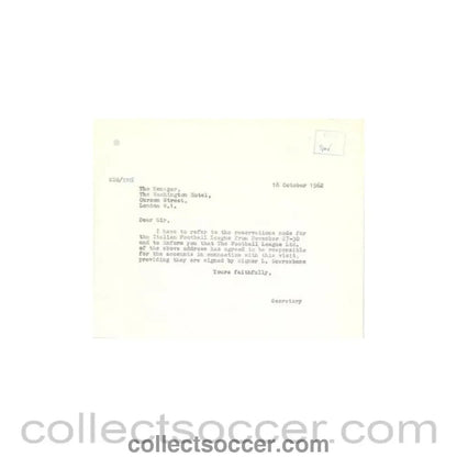 1962 - Letter of The Football League to the Manager of Washington Hotel of 18/10/1962 - Collect Soccer