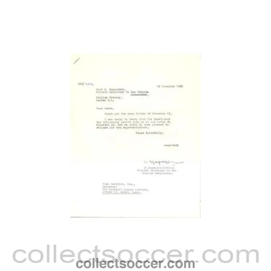 1962 - Letter of The Italian Embassy, originally signed by the Secretary, of 15/11/1962 - Collect Soccer