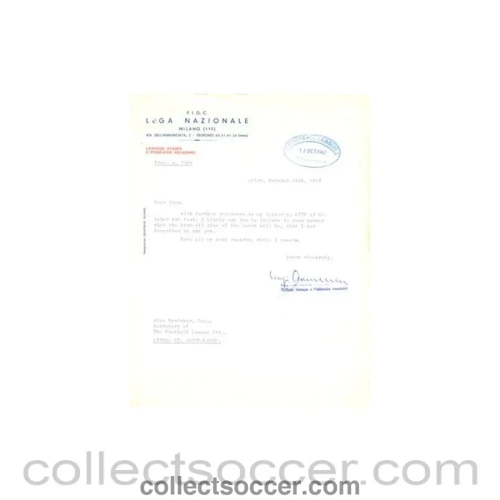 1962 - Letter of The Italian League, originally signed, of 12/10/1962 to Alan Hardaker Secretary of The Football League - Collect Soccer
