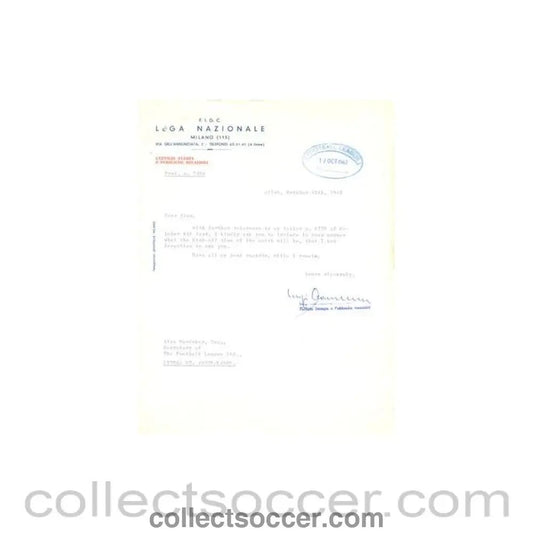 1962 - Letter of The Italian League, originally signed, of 12/10/1962 to Alan Hardaker Secretary of The Football League - Collect Soccer