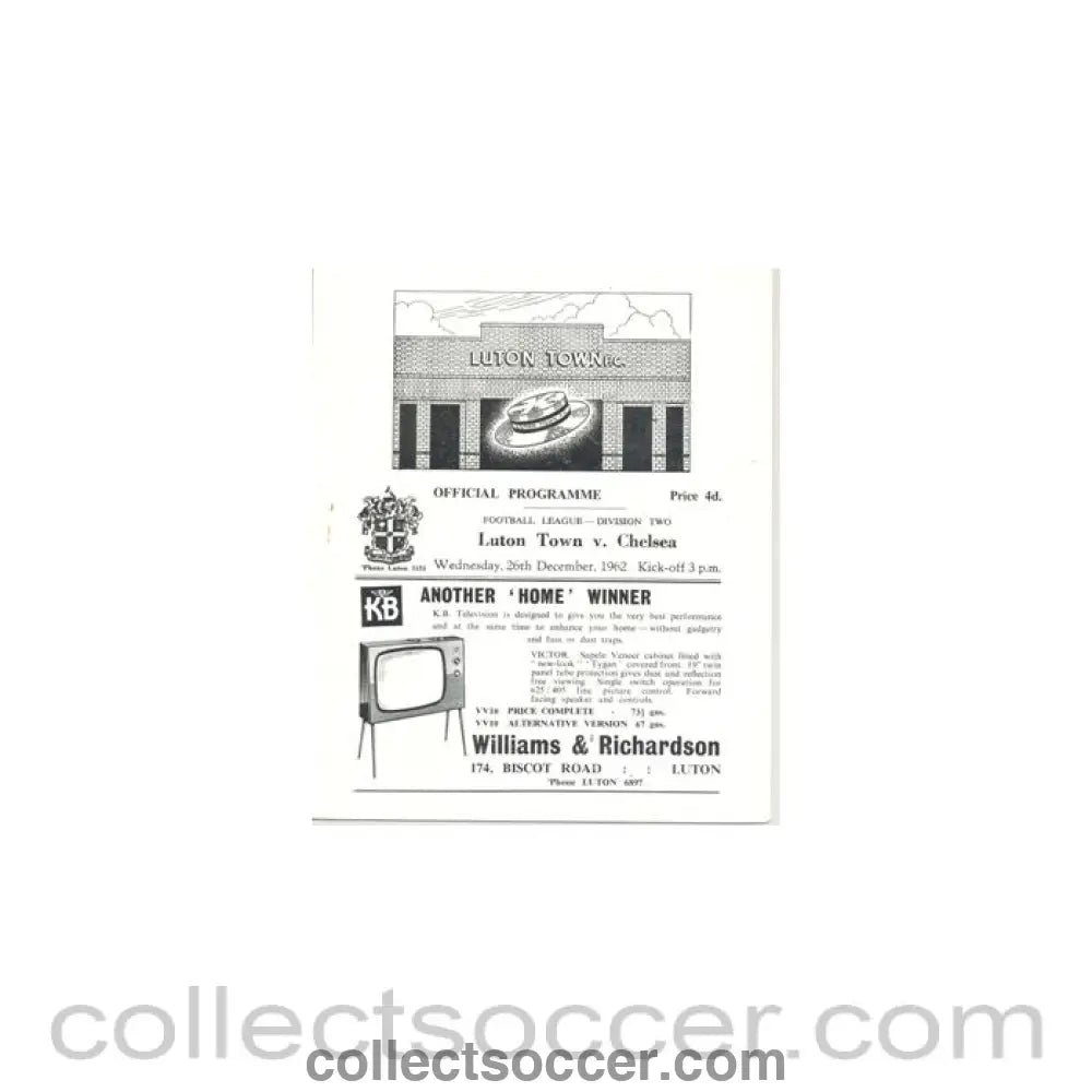 1962 - Luton Town vChelsea official programme 26/12/1962 - Collect Soccer