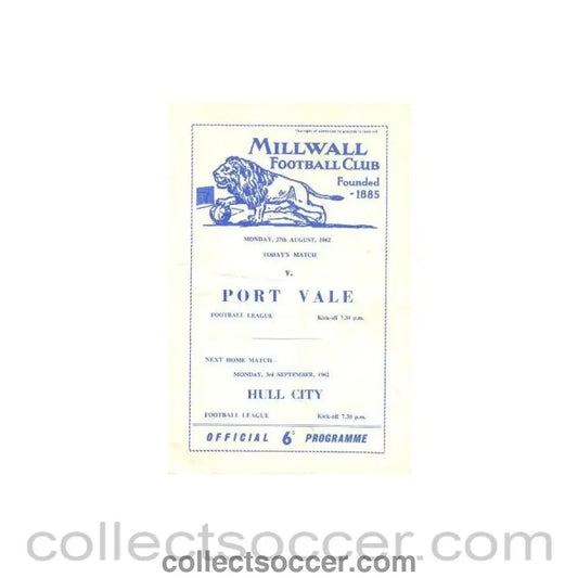 1962 - Millwall v Port Vale official programme 27/08/1962 - Collect Soccer