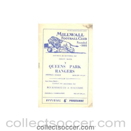 1962 - Millwall v Queen's Park Rangers official programme 08/12/1962 - Collect Soccer