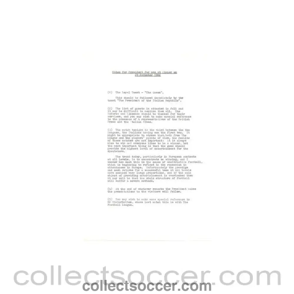 1962 - Notes for the President about the dinner at the football match The Football League v The Italian Football League on 29/11/1962 - Collect Soccer