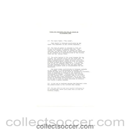 1962 - Notes for the President about the dinner at the football match The Football League v The Italian Football League on 29/11/1962 - Collect Soccer