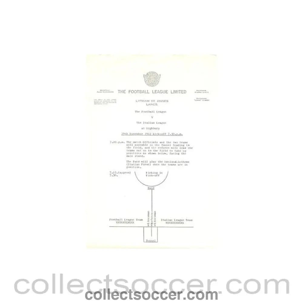 1962 - Plan of The Football League about the football match The Football League v The Italian Football League on 29/11/1962 - Collect Soccer