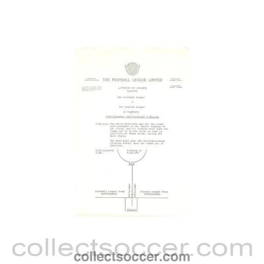 1962 - Plan of The Football League about the football match The Football League v The Italian Football League on 29/11/1962 - Collect Soccer